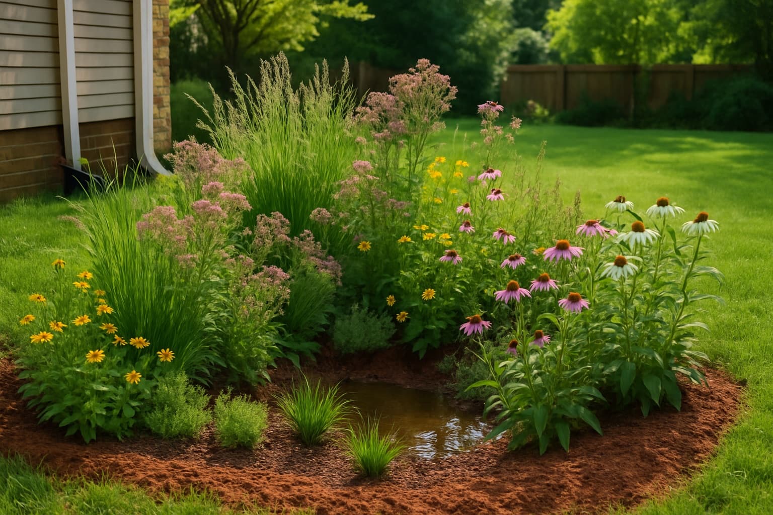 A backyard rain garden with native grasses and flowering perennials in a red-clay Alabama suburban yard, with a shallow basin catching runoff from a downspout.