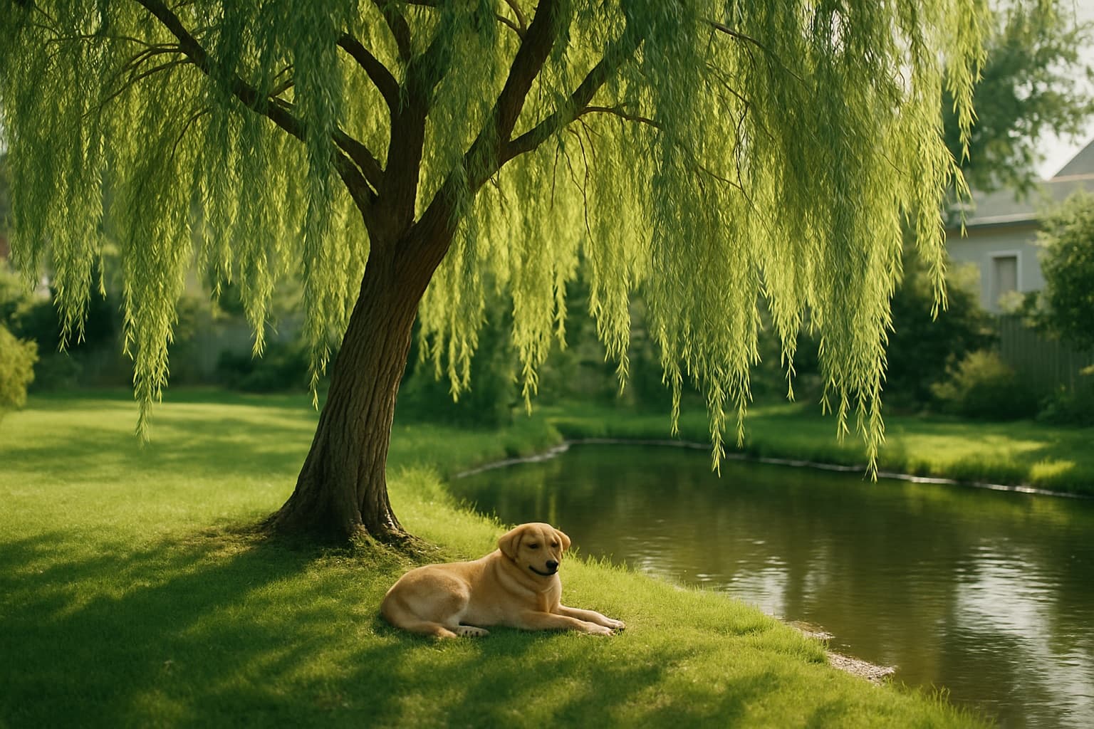 A graceful weeping willow beside a small pond in a suburban yard with a dog resting in the shade