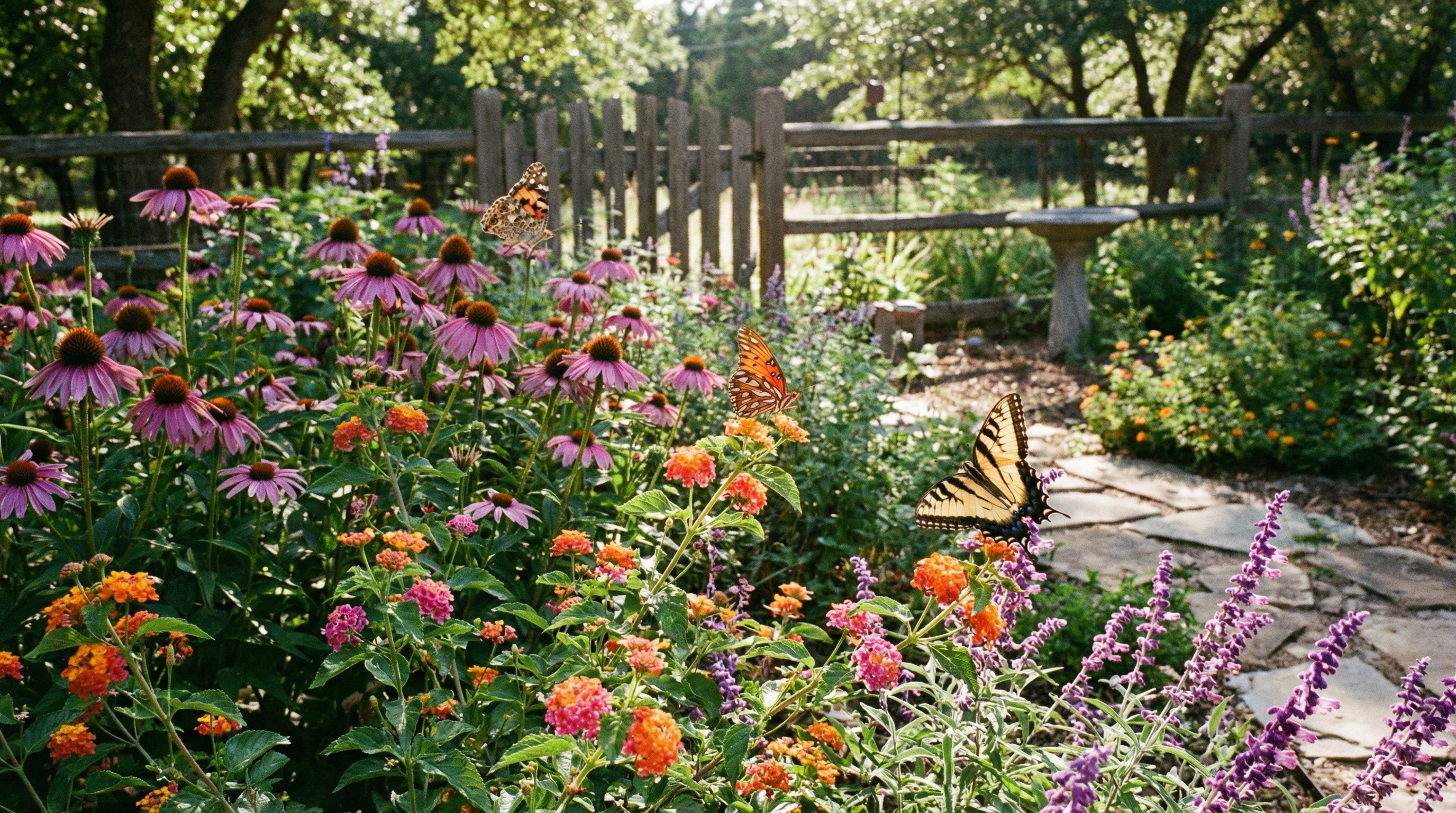 A butterfly resting on a native Texas wildflower in a backyard pollinator garden