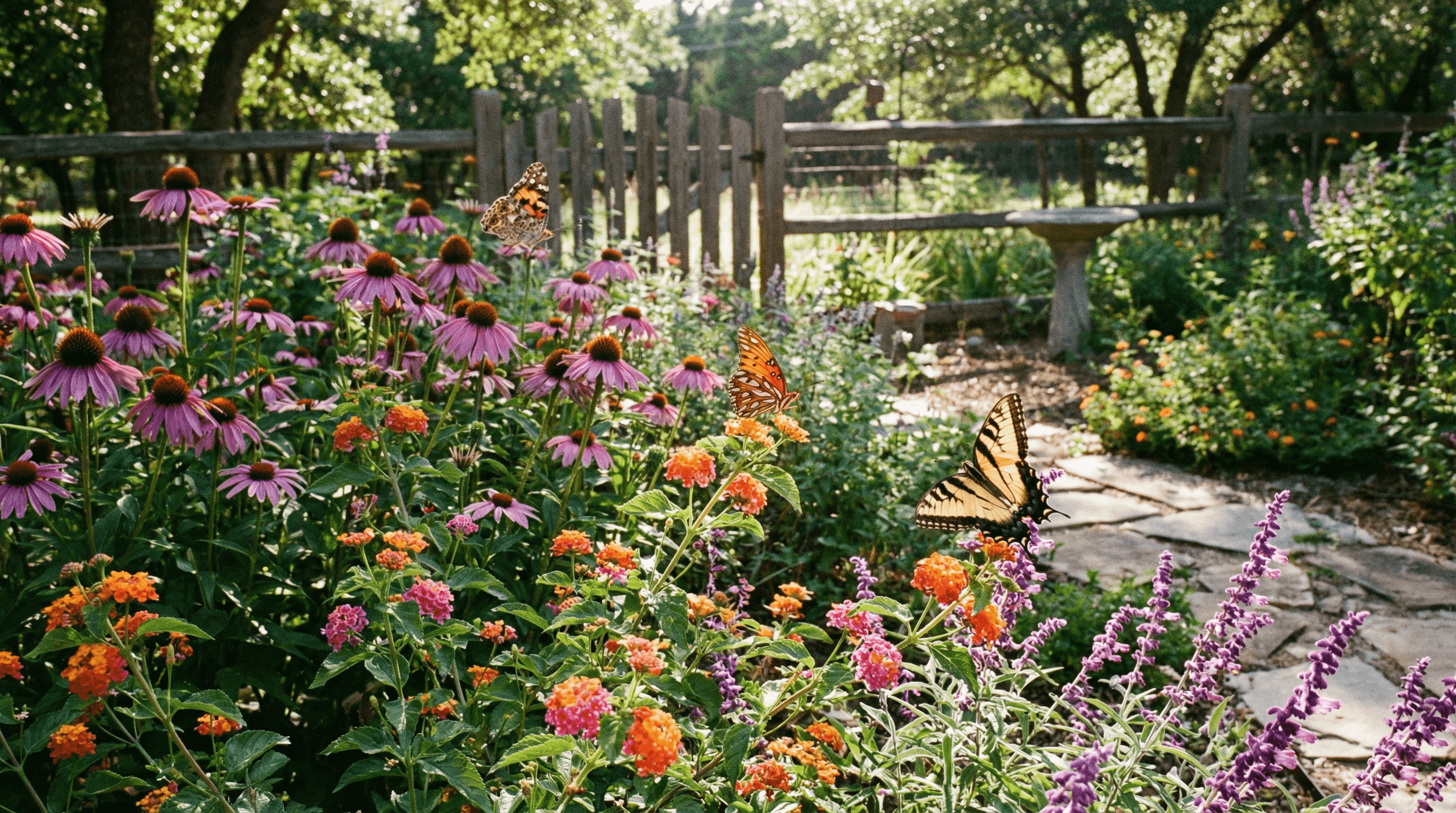 A butterfly resting on a native Texas wildflower in a backyard pollinator garden