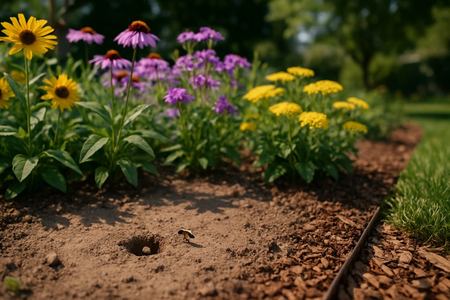 A sunny native garden bed with a small patch of bare soil between flowering perennials where a solitary ground-nesting bee enters its nest