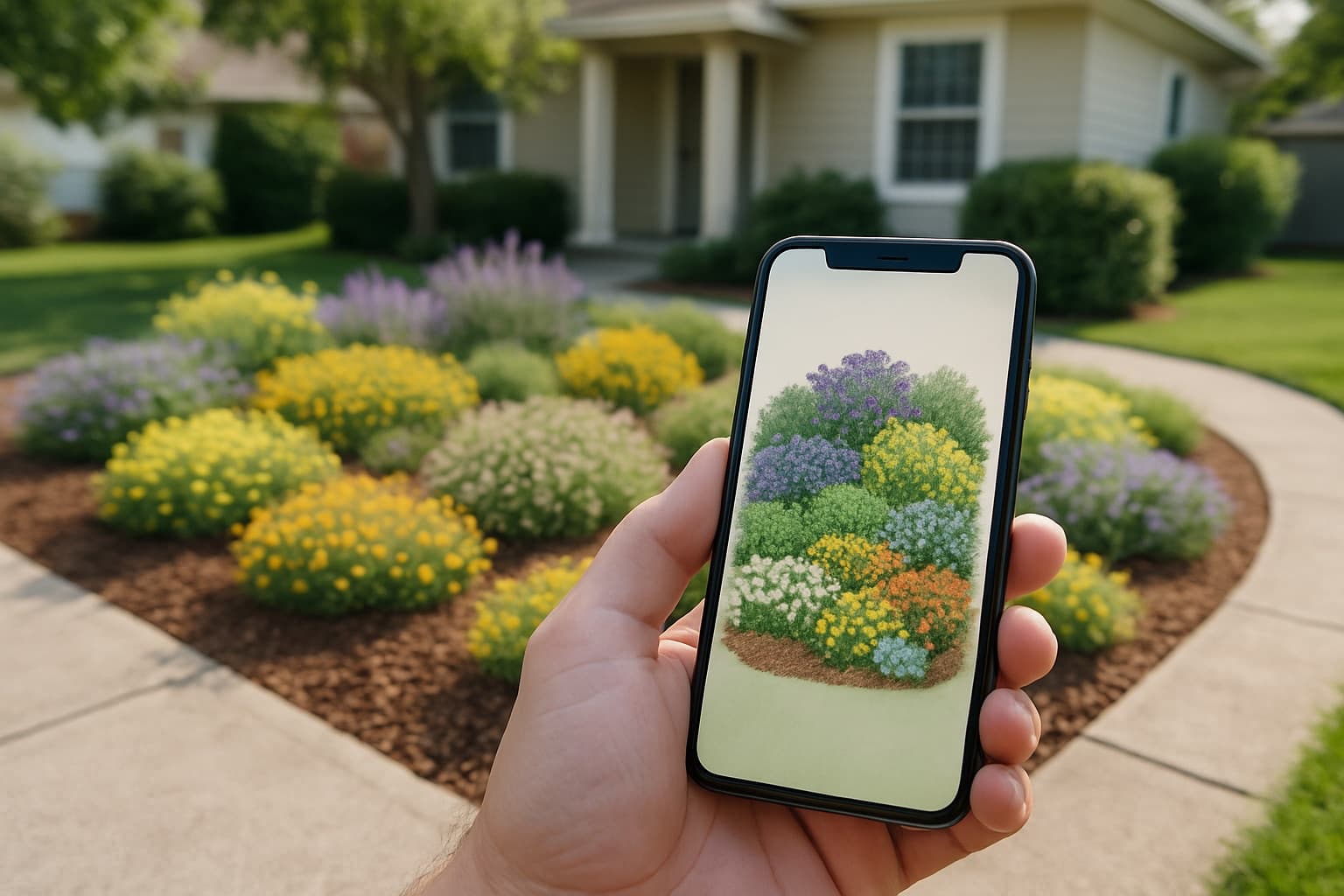A smartphone showing a native plant garden design app held up in front of a tidy suburban front yard with low native plantings