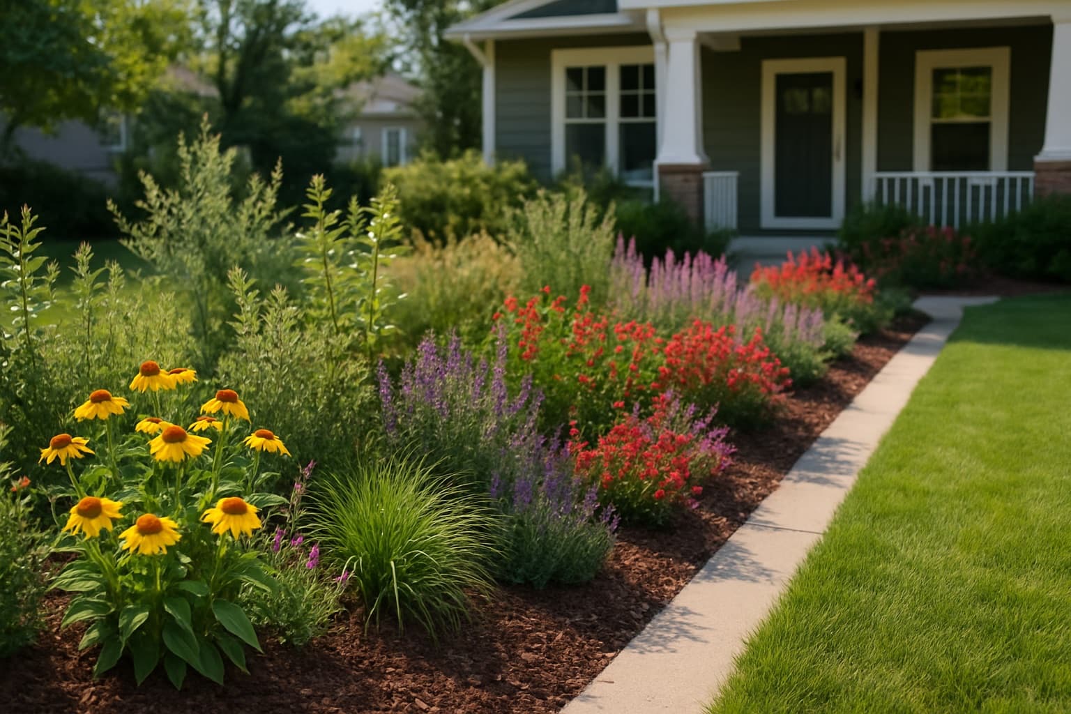 A tidy suburban front yard with a native plant border along the walkway, clean mulched edges, and low grasses in morning light.