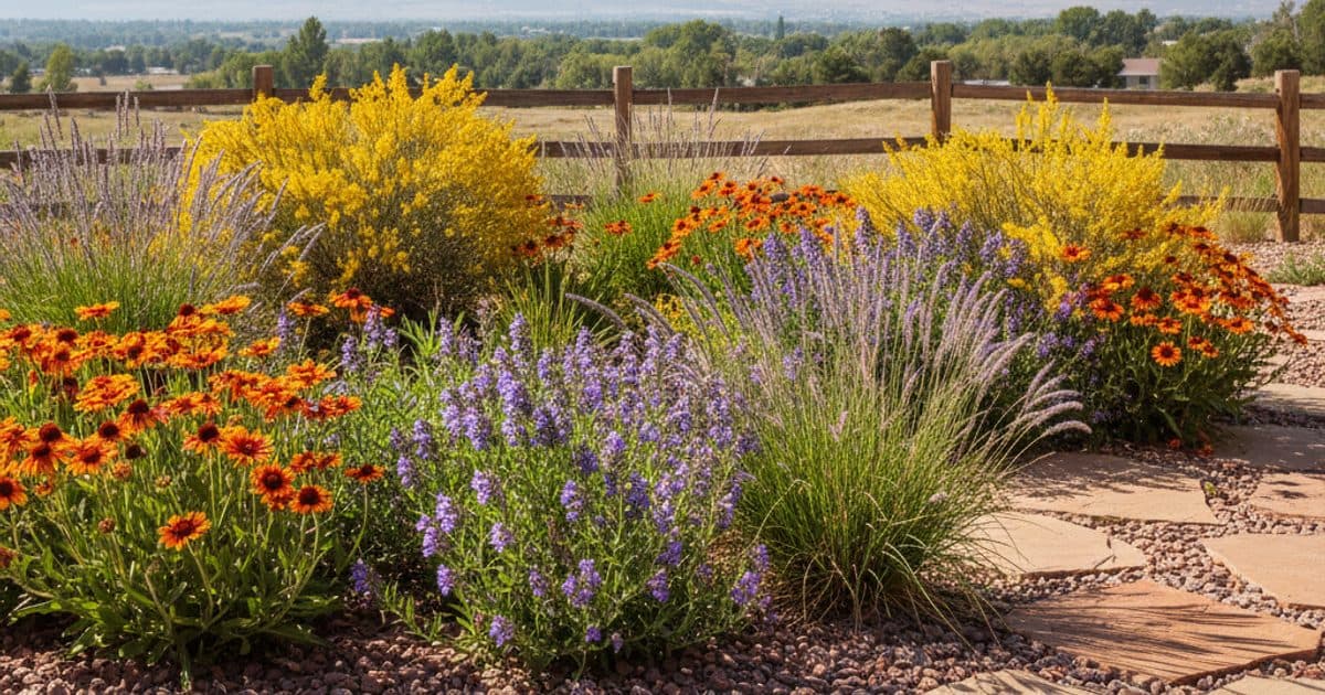 A sunny Colorado Front Range front yard with rocky mountain penstemon, blanketflower, blue grama grass, and rabbitbrush