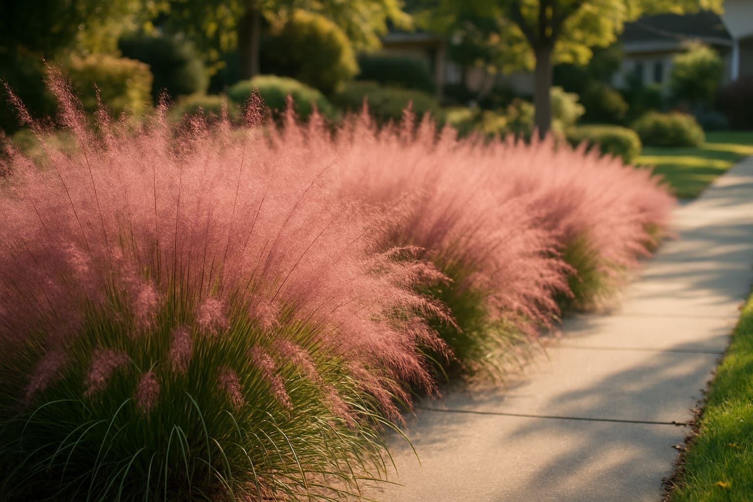A mass planting of pink muhly grass in full fall bloom with airy pink seed heads along a suburban walkway