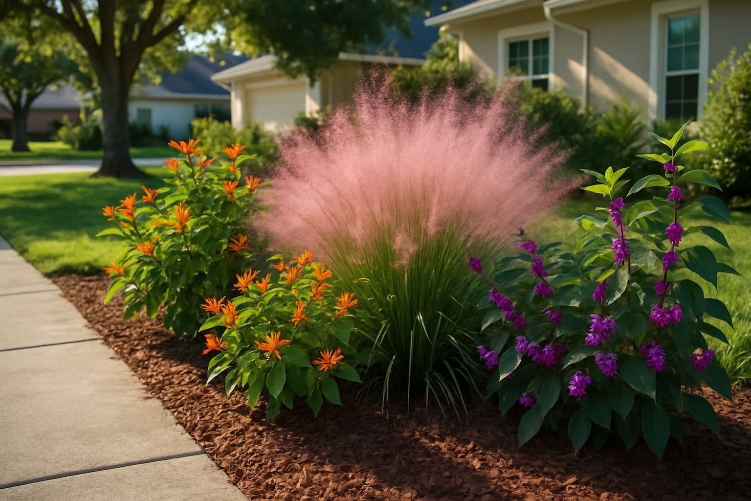 A sunny Florida front-yard bed with pink muhly grass, orange firebush, and purple beautyberry against a mulched border