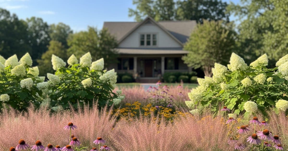 A sunny Georgia Piedmont front yard planted with purple coneflower, black-eyed susan, pink muhly grass, and oakleaf hydrangea