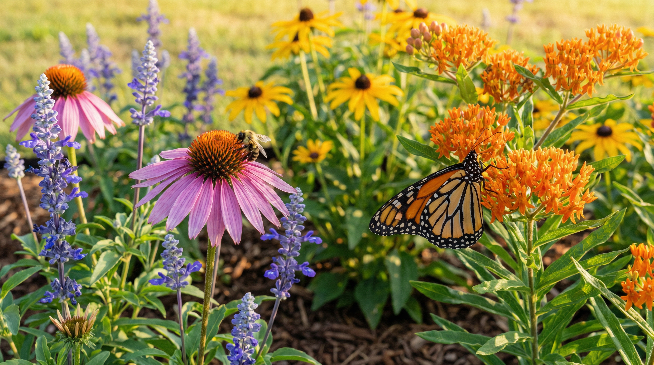 A Texas native pollinator garden in bloom with mealy blue sage, black-eyed susan, and gulf muhly