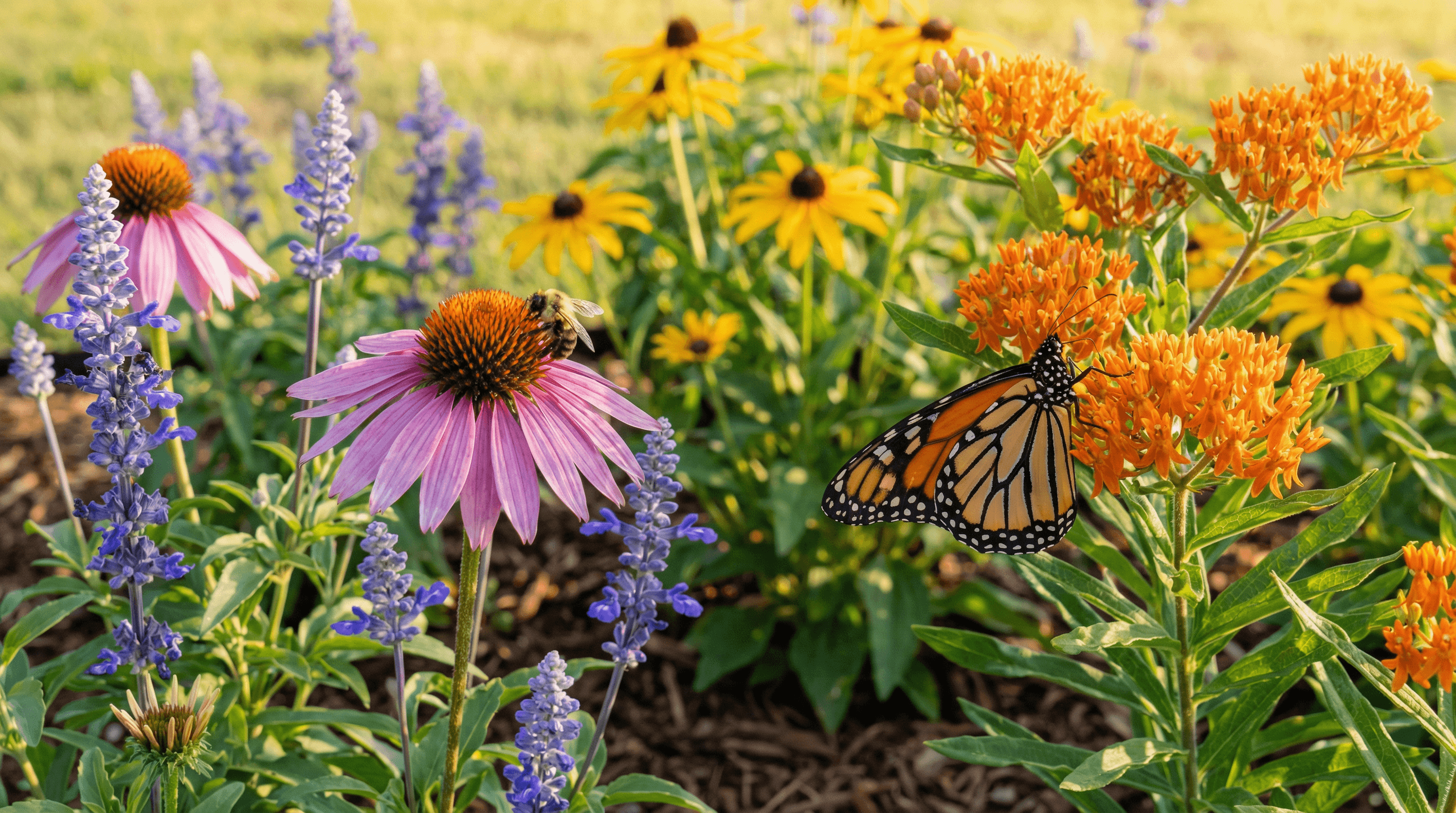 A Texas native pollinator garden in bloom with mealy blue sage, black-eyed susan, and gulf muhly