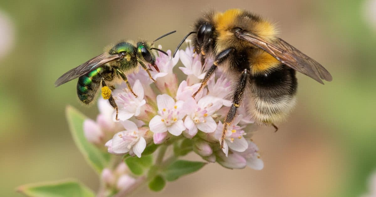 A metallic green native sweat bee and a bumble bee on a California buckwheat flower in a home garden