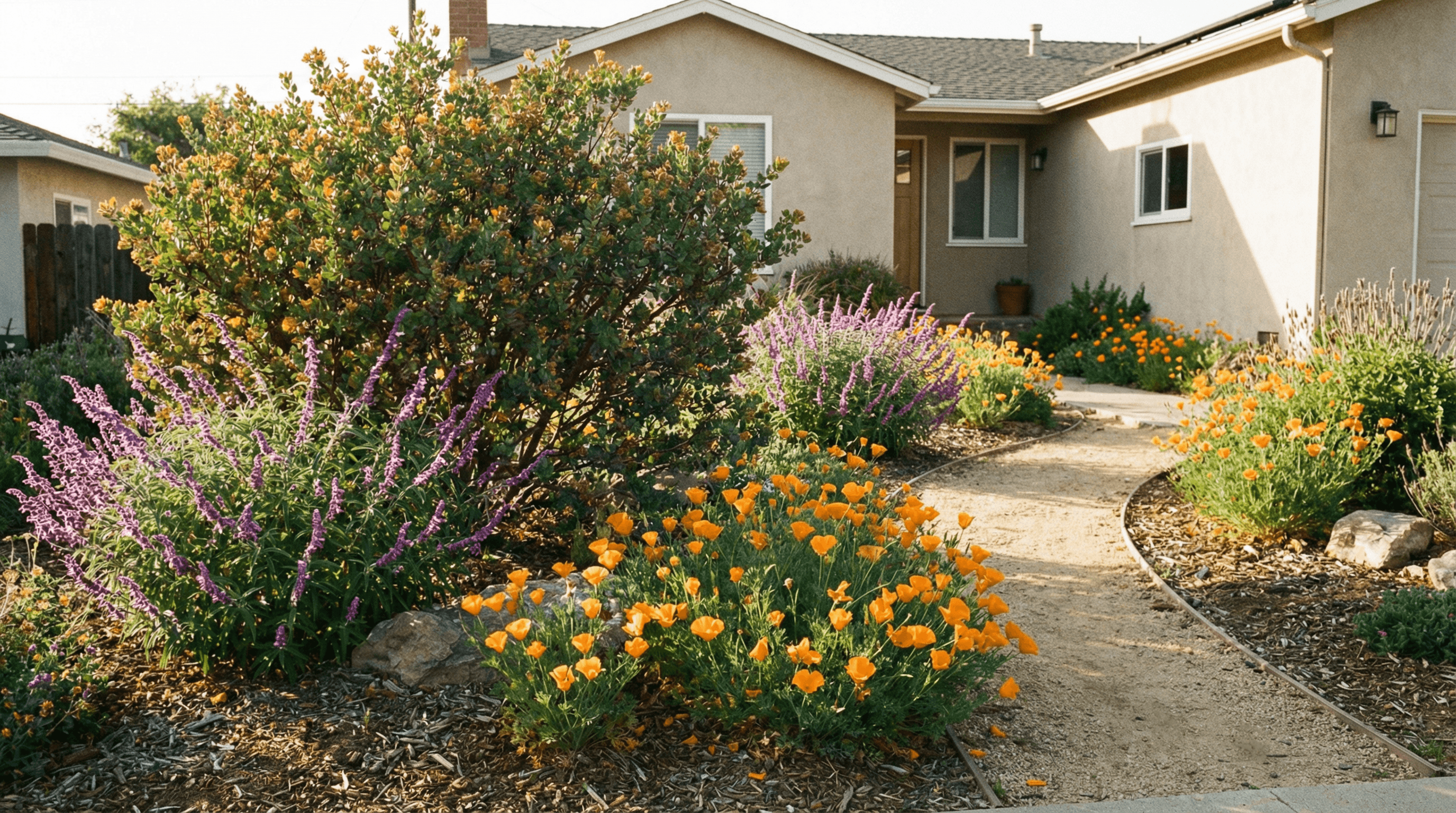 California native garden with California Poppy, Yarrow, and drought-tolerant plantings in a front yard