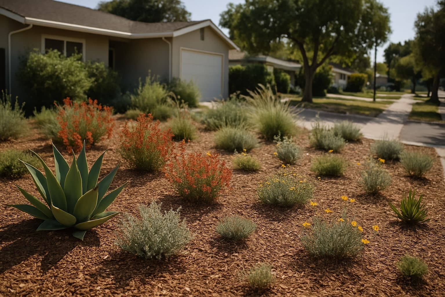 A converted California front yard where a former lawn is now drought-tolerant natives, mulch, and a few succulents along a calm SoCal suburban street