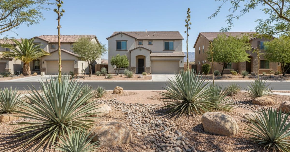 A Las Vegas Valley xeriscape front yard with desert spoon, agave, and decorative rock replacing turf, in an HOA neighborhood