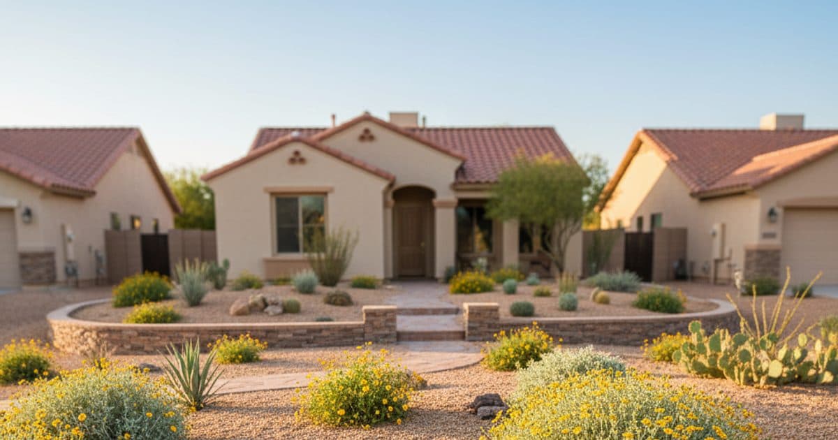 A Phoenix-area xeriscape front yard with desert marigold, brittlebush, and decomposed granite replacing turf, in an HOA neighborhood