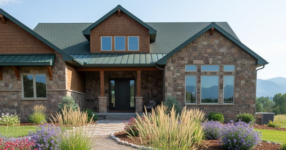 A xeriscape front yard in Colorado with native plants, ornamental grasses, and clean mulched borders replacing turf grass