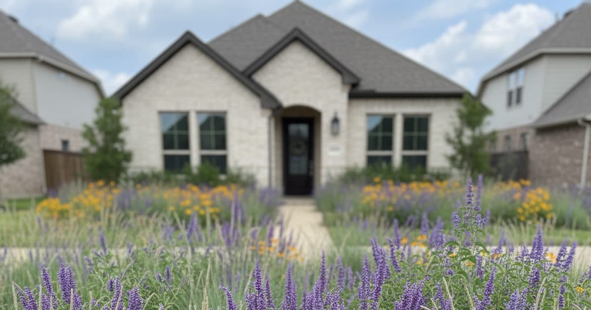 A native North Texas front yard with little bluestem, mealy blue sage, and black-eyed susan, photographed in the Blackland Prairies ecoregion of suburban DFW