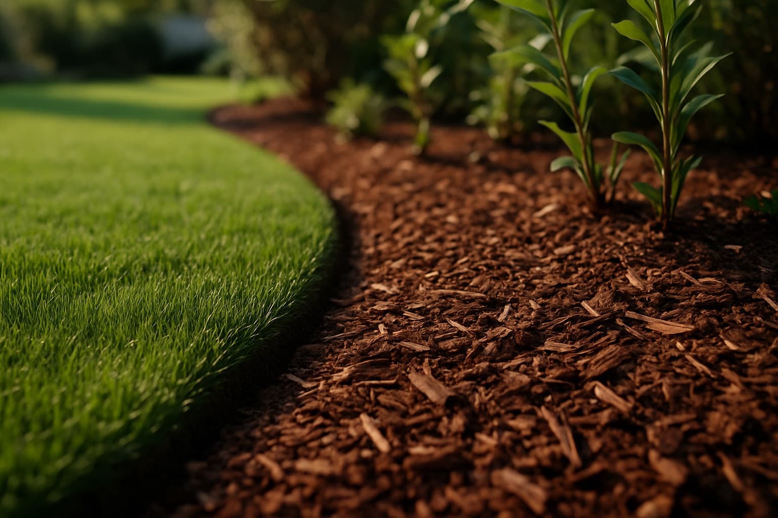A crisp cut edge where green turf meets a freshly mulched planting bed with a clean curved border