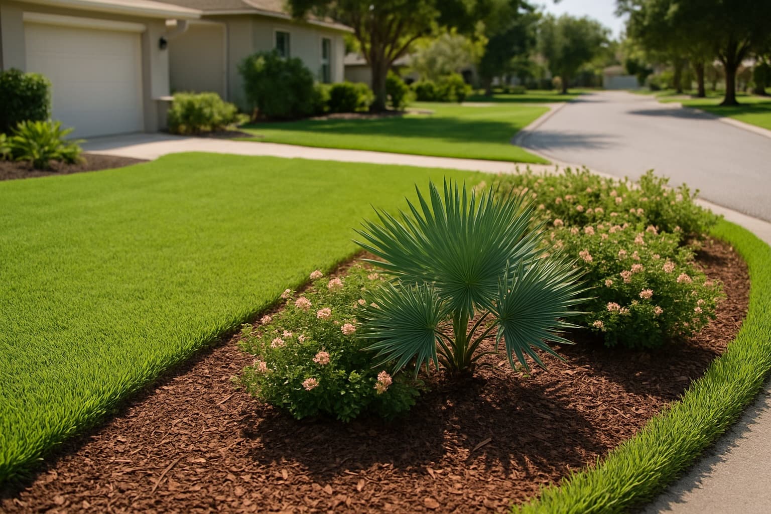 A tidy Florida front yard where a maintained turf strip meets a mulched bed of native palmetto and flowering shrubs