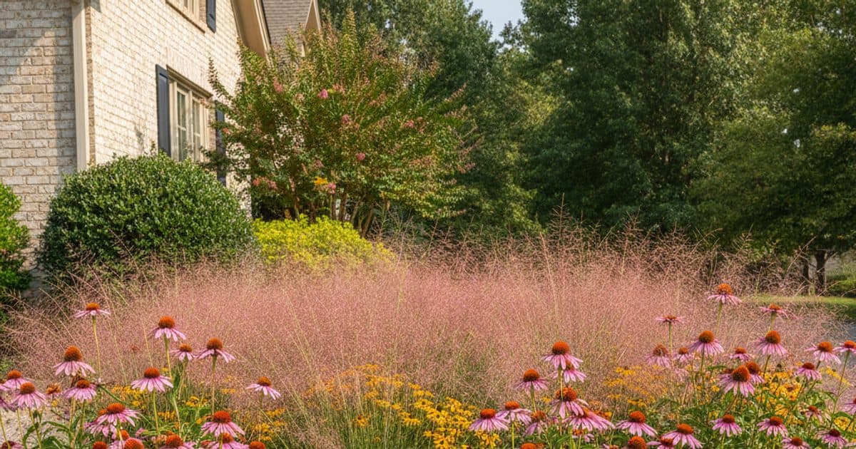 A tidy native front-yard bed in the Georgia Piedmont with coneflower, black-eyed susan, and muhly grass set behind a clean mulched border