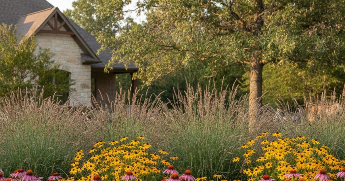 A tidy native front-yard bed in Middle Tennessee with coneflower, black-eyed susan, and little bluestem behind a clean mulched border