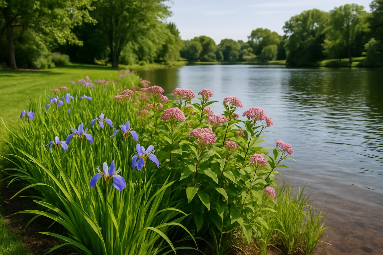 A Carver County, Minnesota shoreline restoration with native buffer plants along a lake edge, replacing turf that ran to the waterline