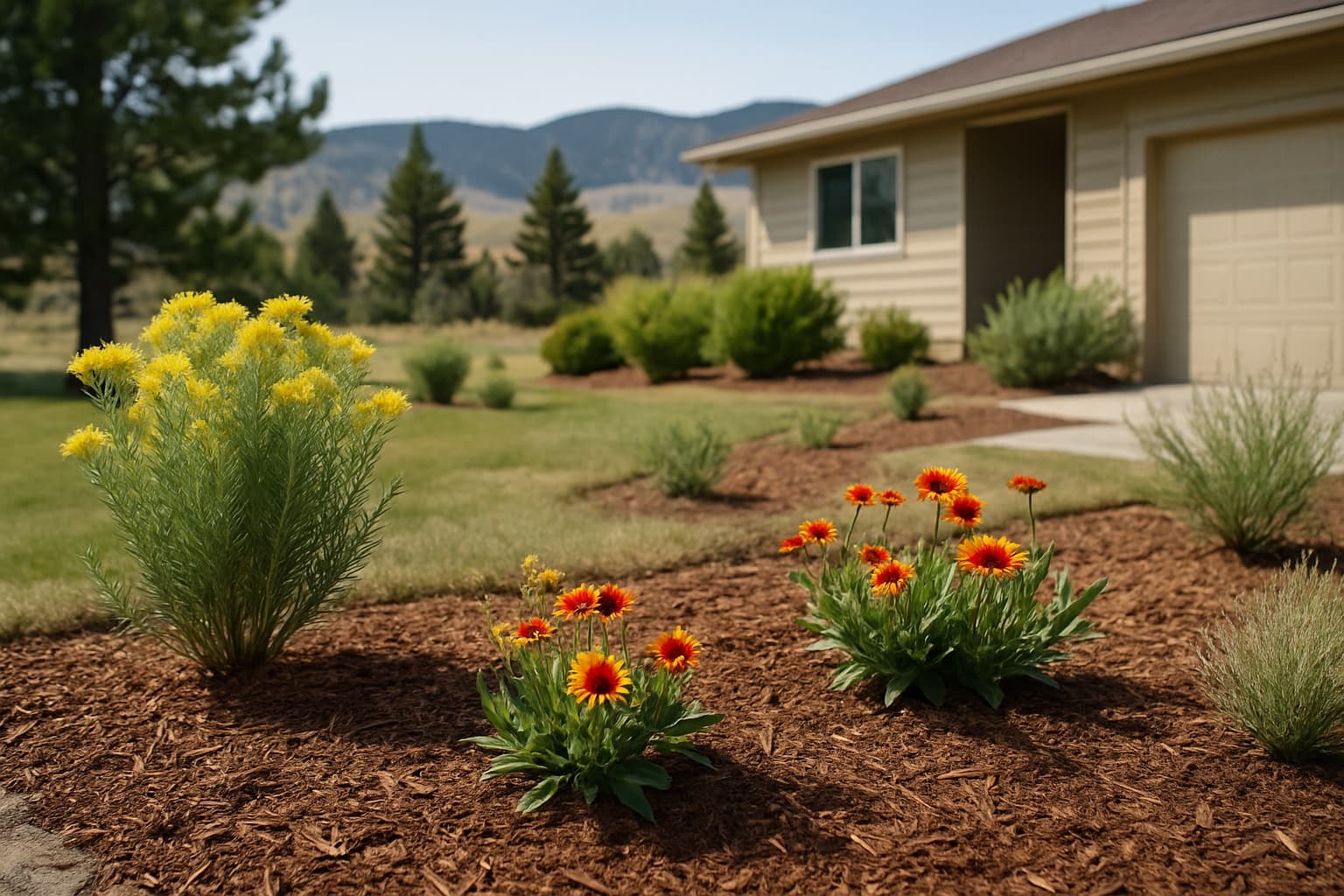 A Wyoming front yard mid-conversion from turf to a native water-wise landscape with drought-tolerant plants and mulch, Bighorn Mountains in the distance