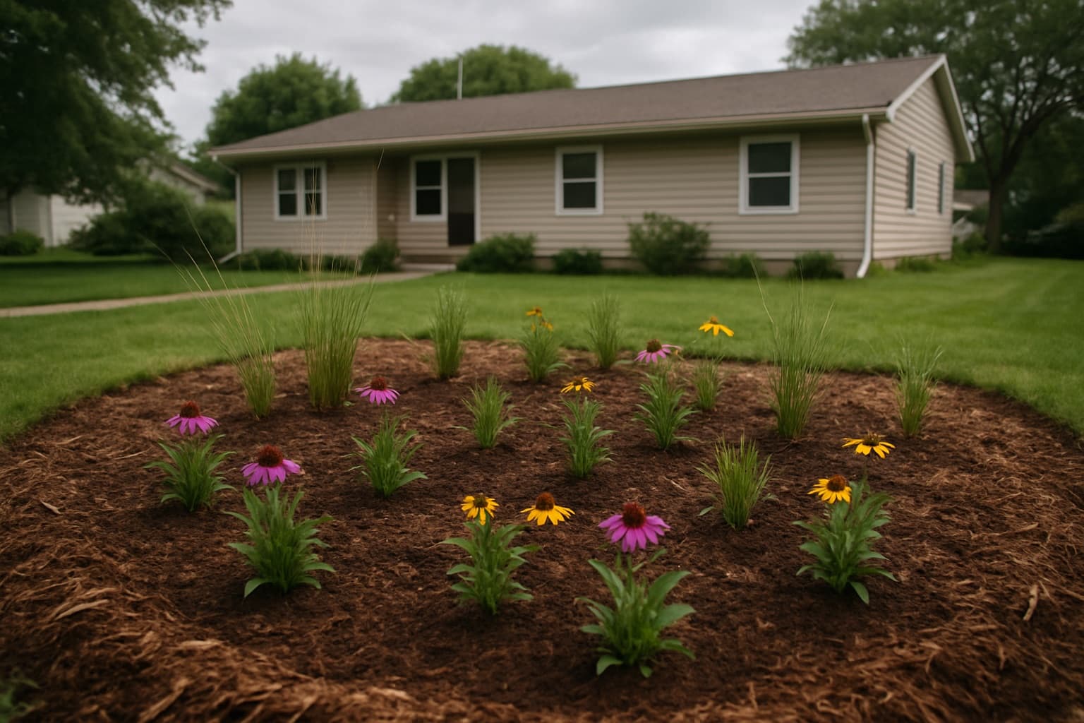 A Des Moines-area Iowa front yard rain garden mid-installation, native grasses and perennials planted in a shallow basin, suburban homes in the background.