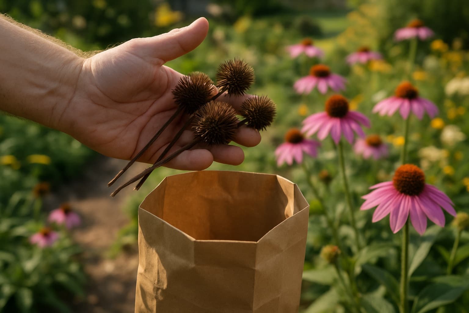 A gardener's hand holding dry coneflower seed heads over an open paper bag in a sunny native garden bed in late summer