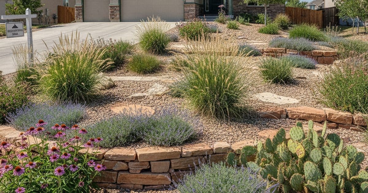 A Colorado xeriscape front yard with native plants, ornamental grasses, and stone borders in front of a single-family home in an HOA neighborhood