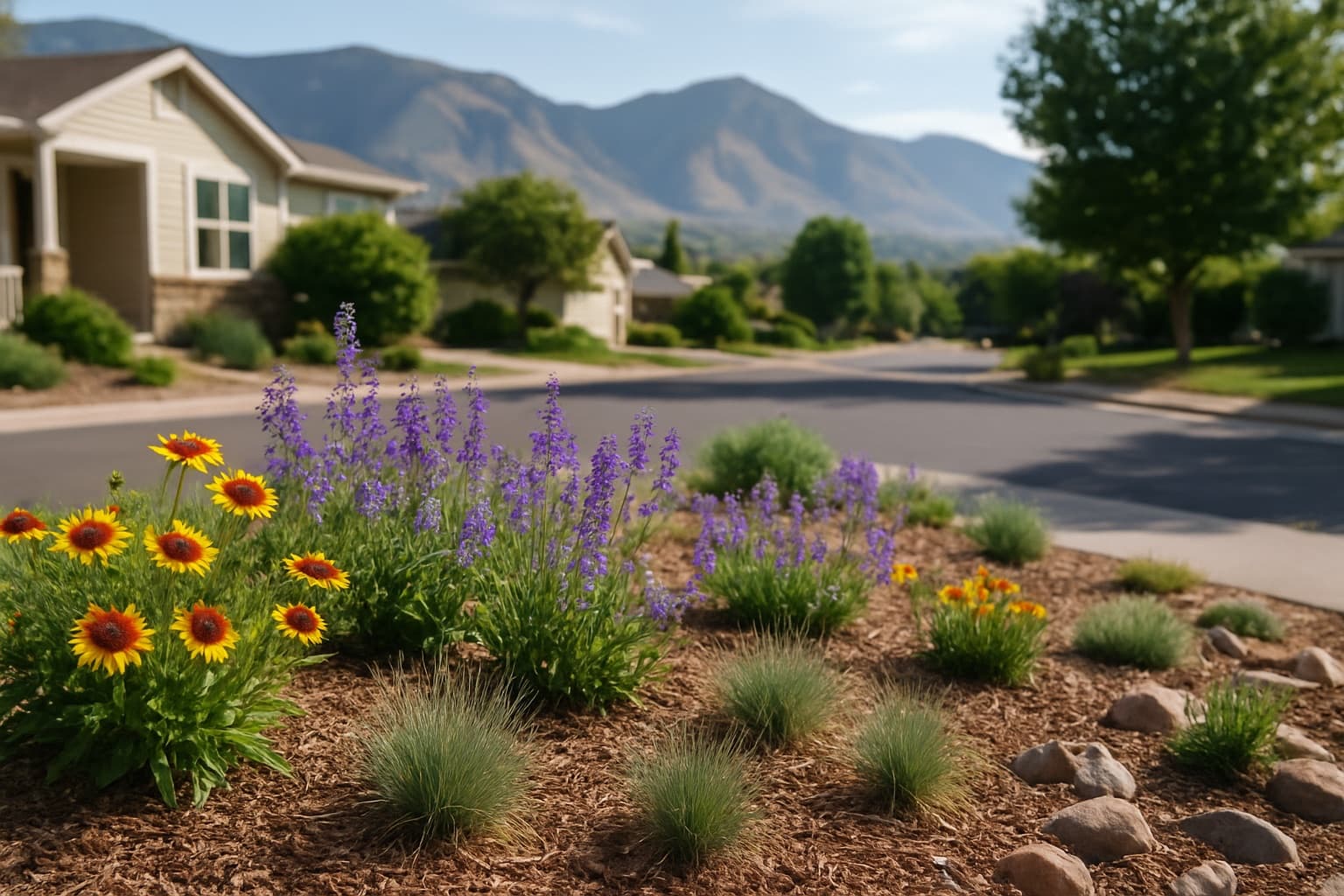 A Colorado Front Range xeriscape front yard with blanketflower, Rocky Mountain penstemon, and blue grama grass, mountains in the background on a calm Denver-area street