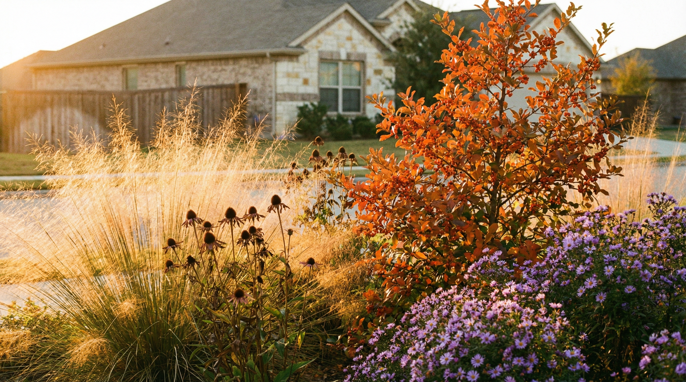 A fall Texas native garden with goldenrod, gulf muhly, and seed heads