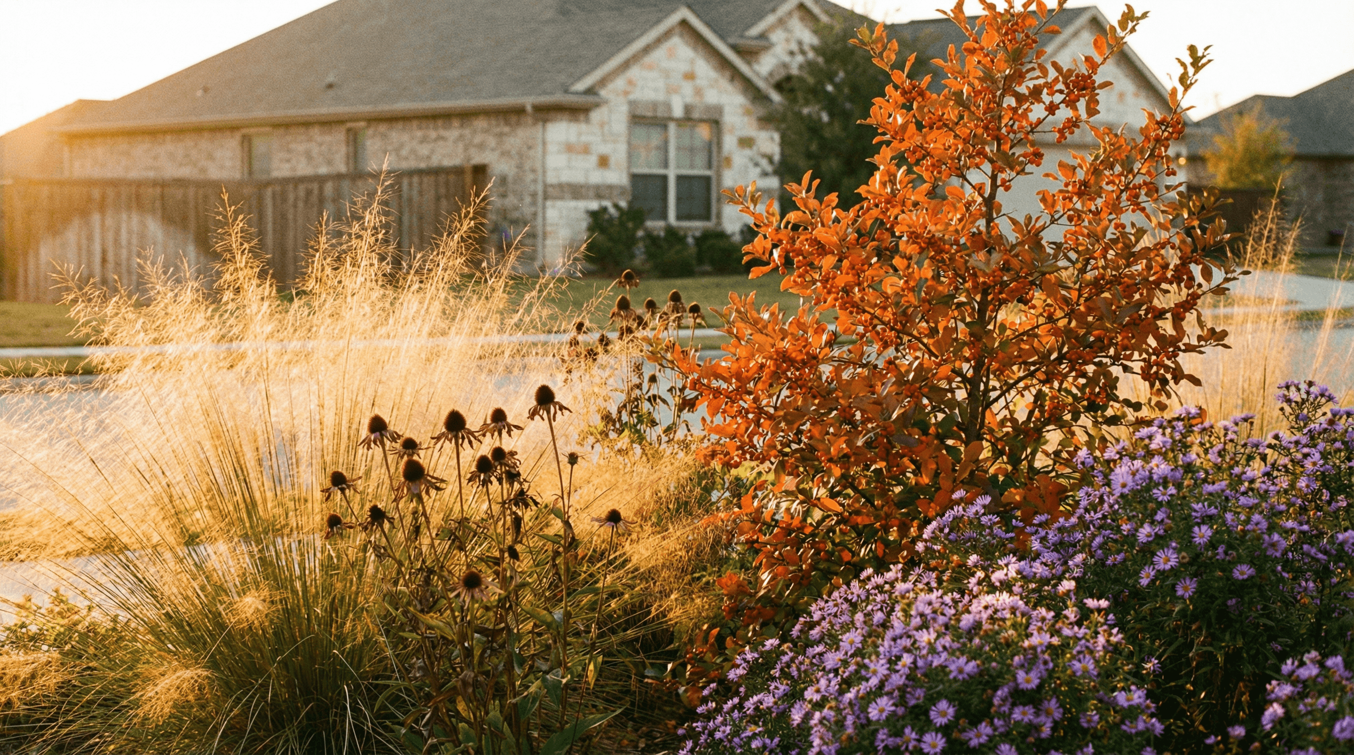 A fall Texas native garden with goldenrod, gulf muhly, and seed heads