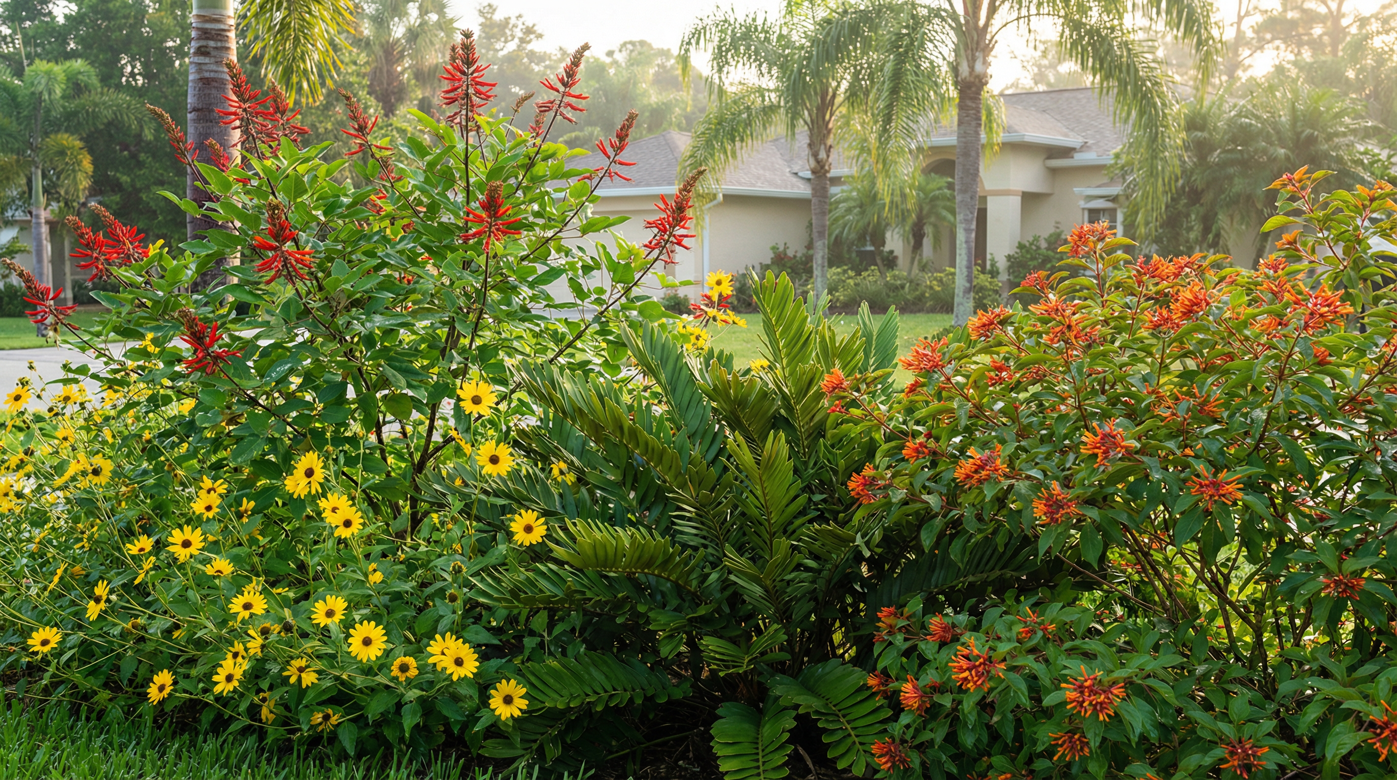 A Florida native front yard with muhly grass, coontie, and firebush replacing turf, photographed in a HOA neighborhood