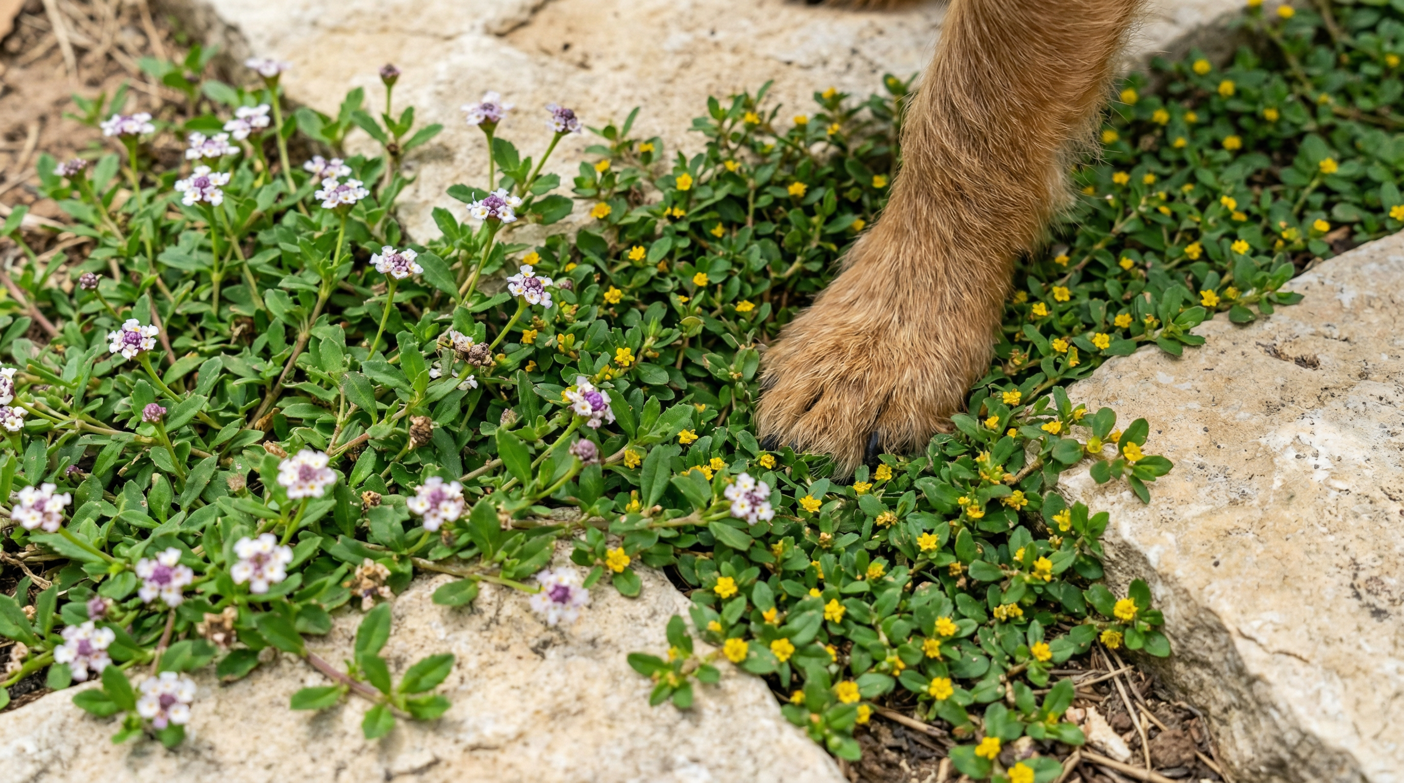 A spreading native ground cover replacing turf grass in a Texas yard