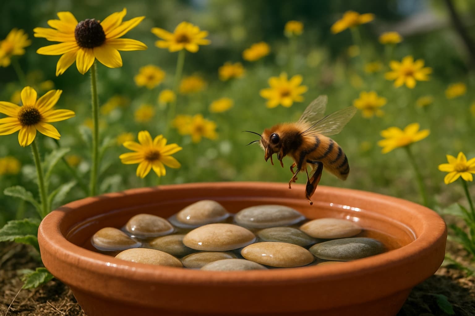 A bee landing on a shallow dish of water filled with pebbles, set among yellow native wildflowers in a sunny summer garden