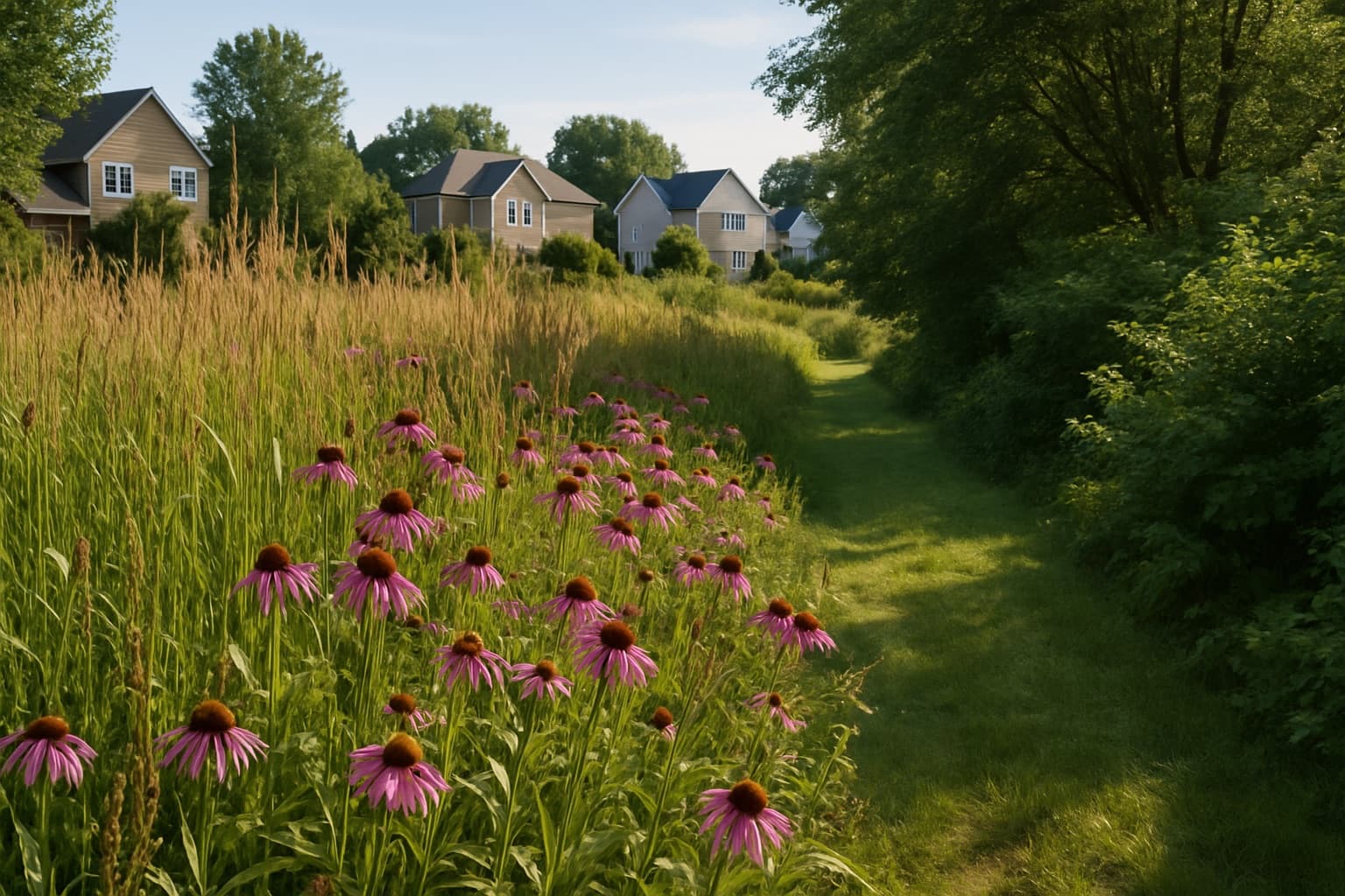 A large Hennepin County, Minnesota residential lot with an established native prairie and woodland-edge restoration, Minneapolis suburbs in the background