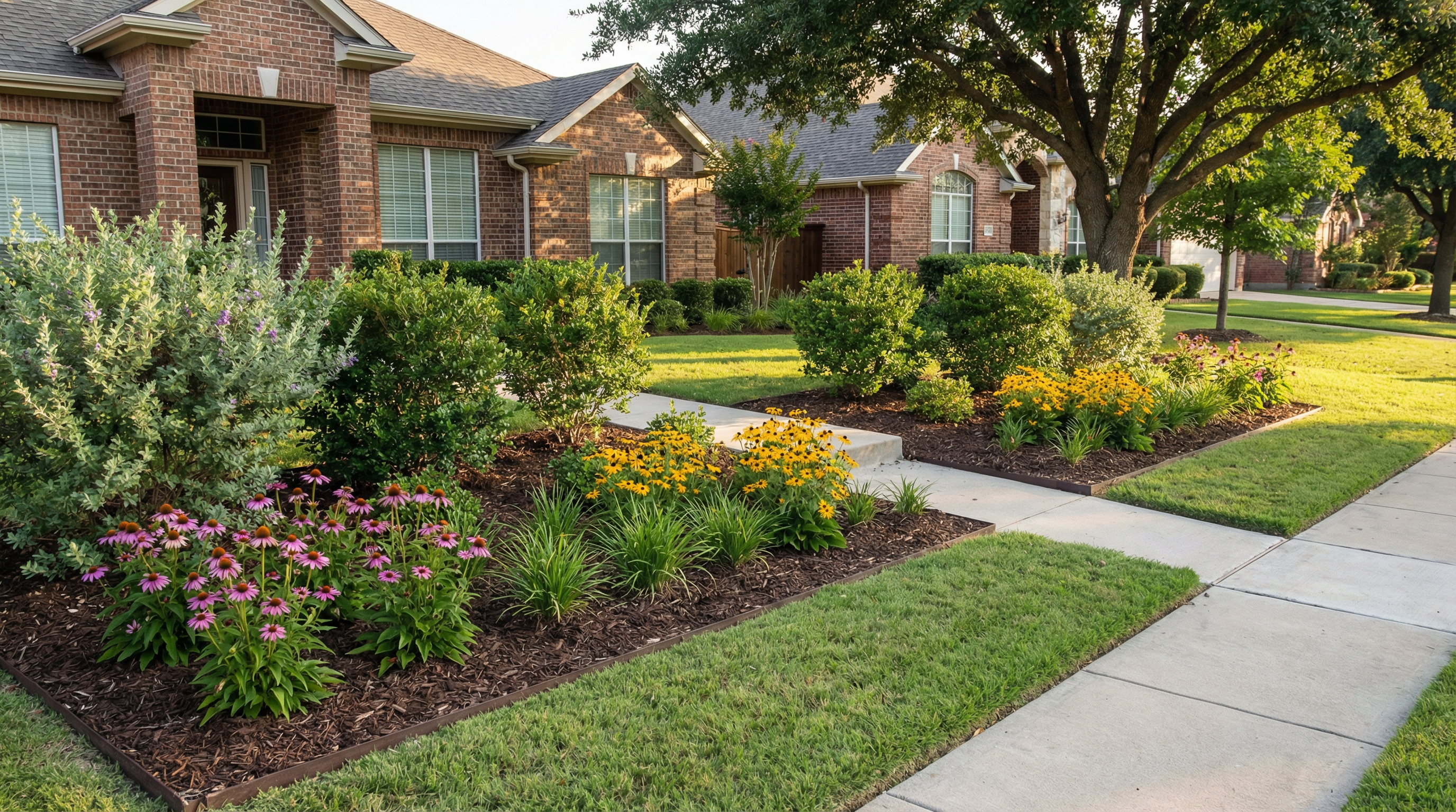 A tidy suburban front yard with a clean native plant border, an example of HOA-conscious design