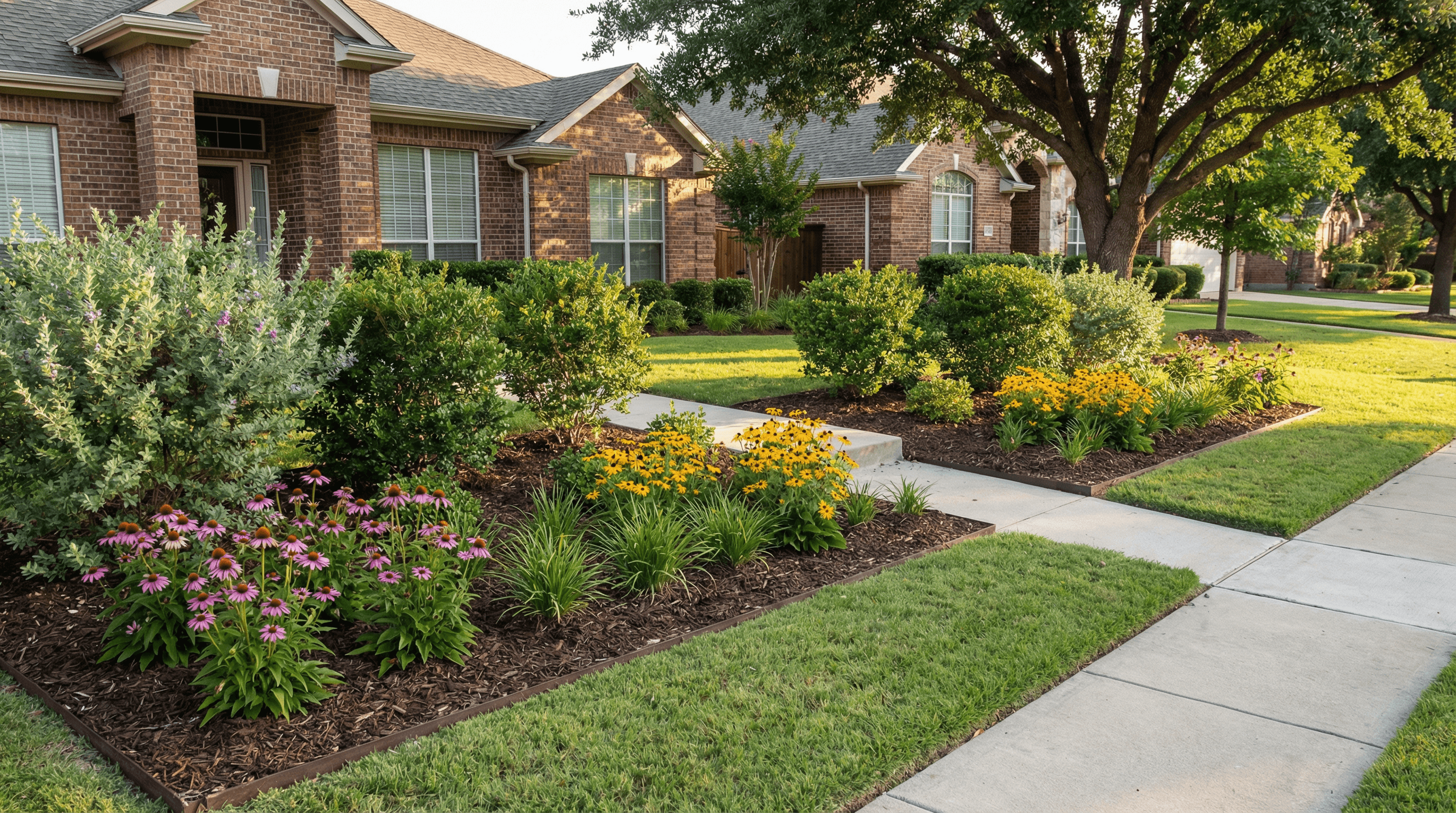 Tidy front yard with a narrow strip between the sidewalk and street planted with low native groundcover