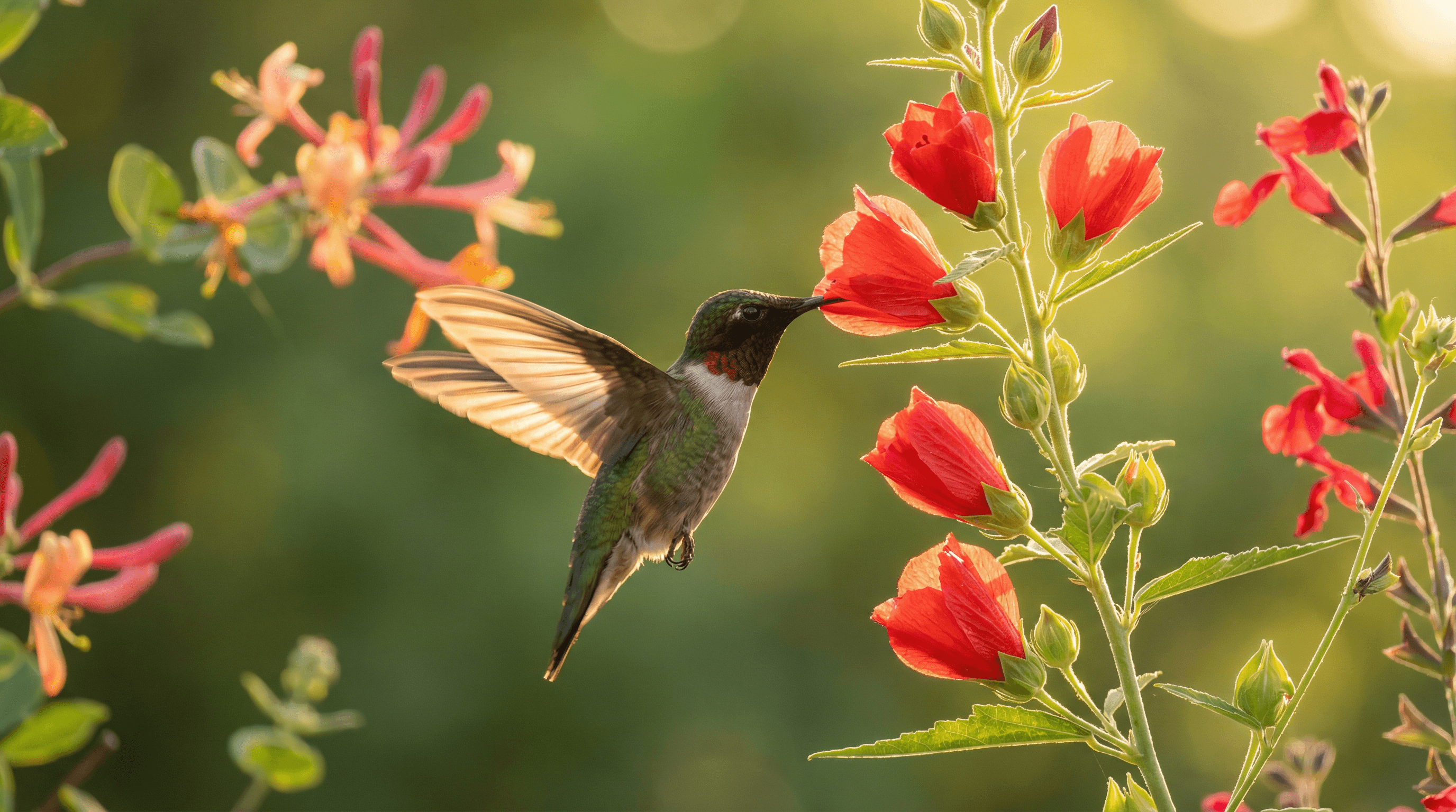 A ruby-throated hummingbird hovering at a red Turk's Cap flower (Malvaviscus arboreus) in a Central Texas native garden