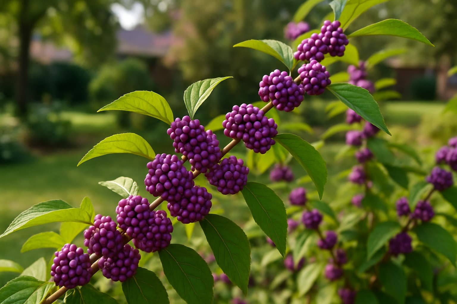 Clusters of bright purple American beautyberry berries on arching stems in an East Texas garden