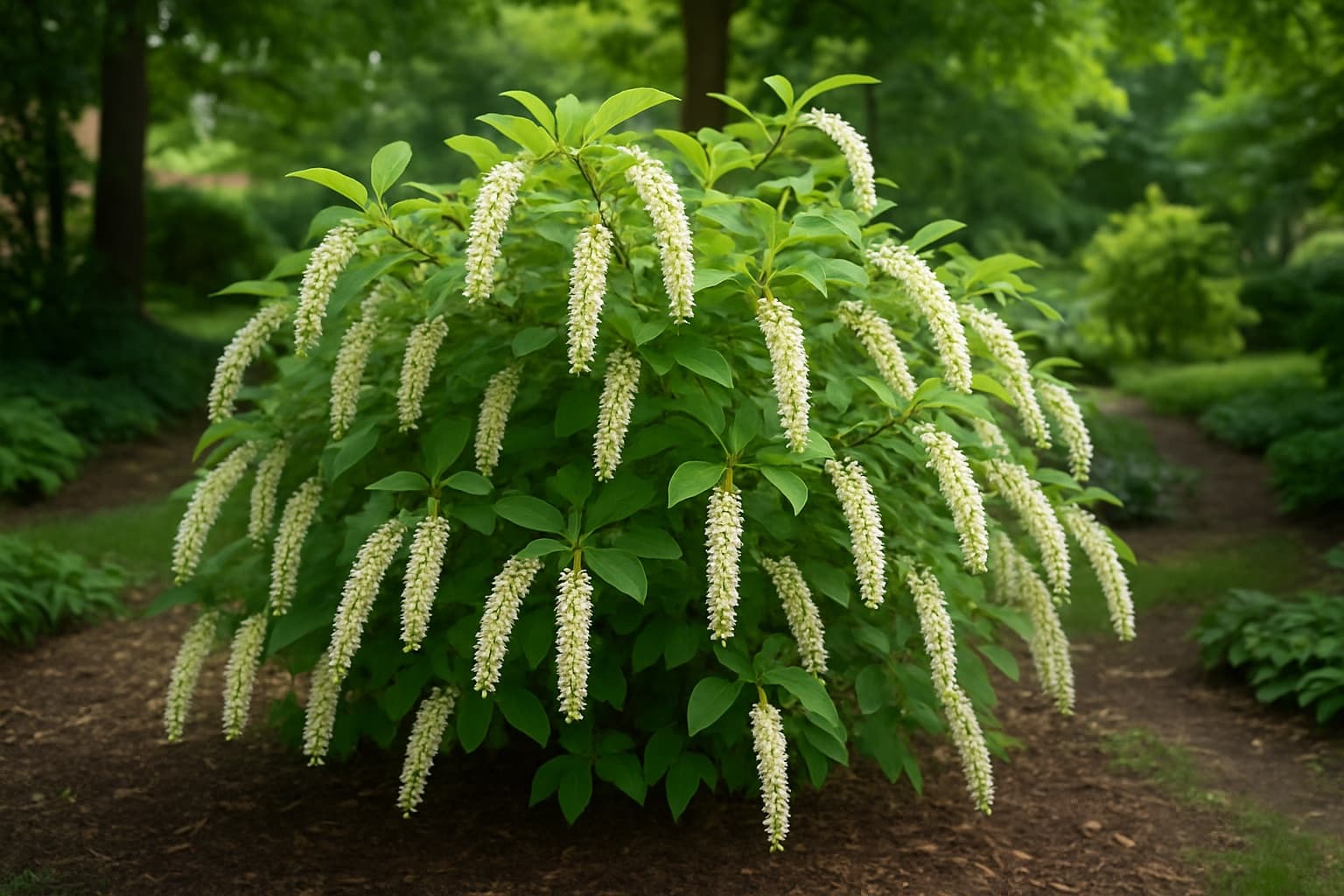 Virginia sweetspire shrub covered in drooping white bottlebrush flower spikes in a shaded garden bed