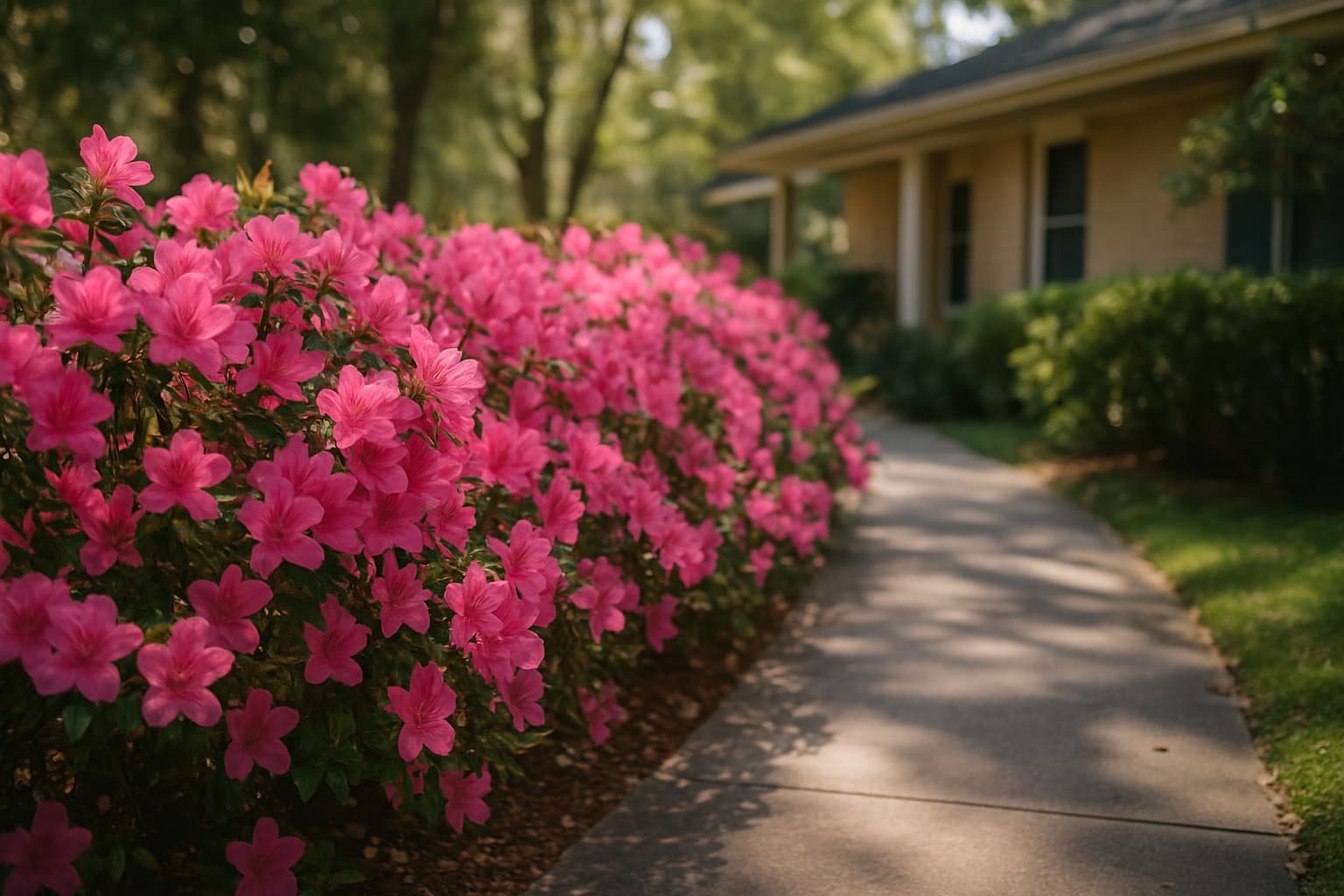 A row of pink azaleas in full spring bloom along a shaded north Florida front walk