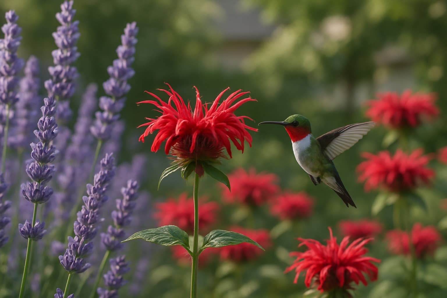 Lavender and red bee balm flowers in a midsummer pollinator garden with a hummingbird approaching