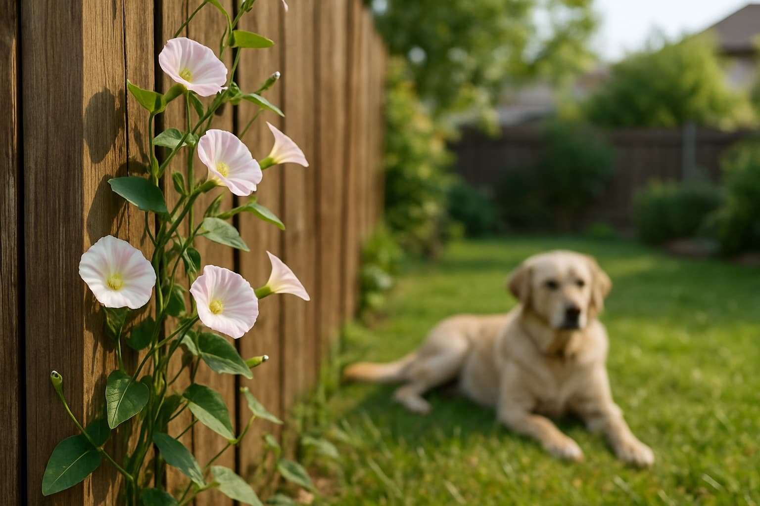 A white and pale-pink field bindweed vine twining up a backyard fence with a dog resting nearby in a calm suburban garden