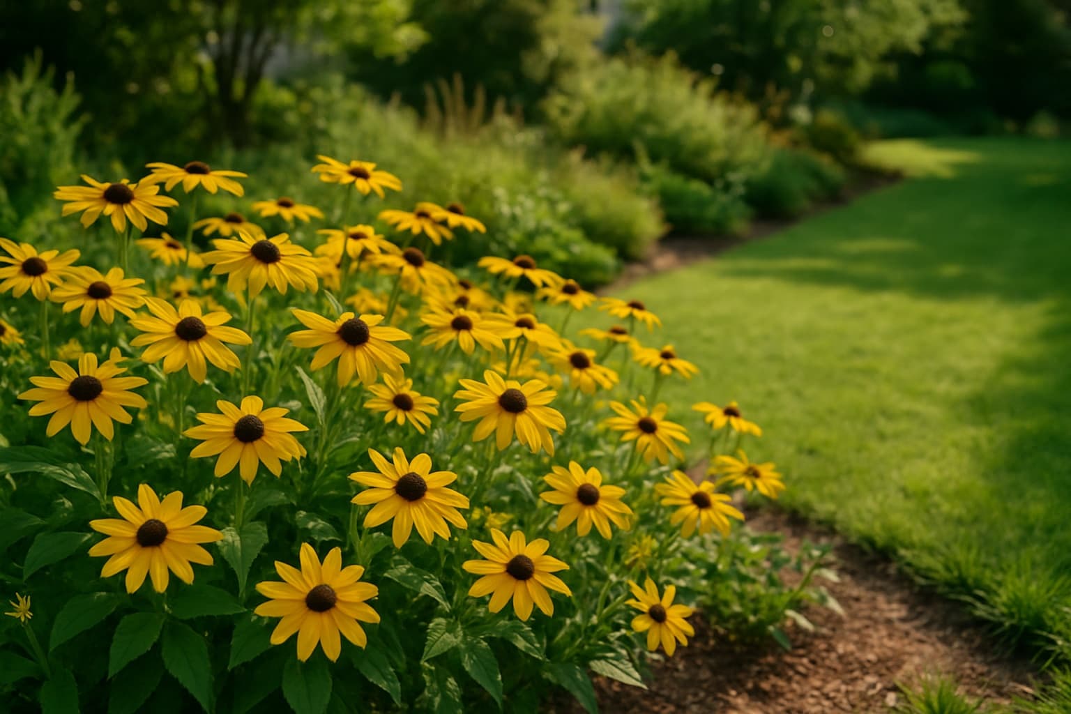 A drift of yellow black-eyed Susan flowers with dark centers in a sunny native garden bed beside a lawn