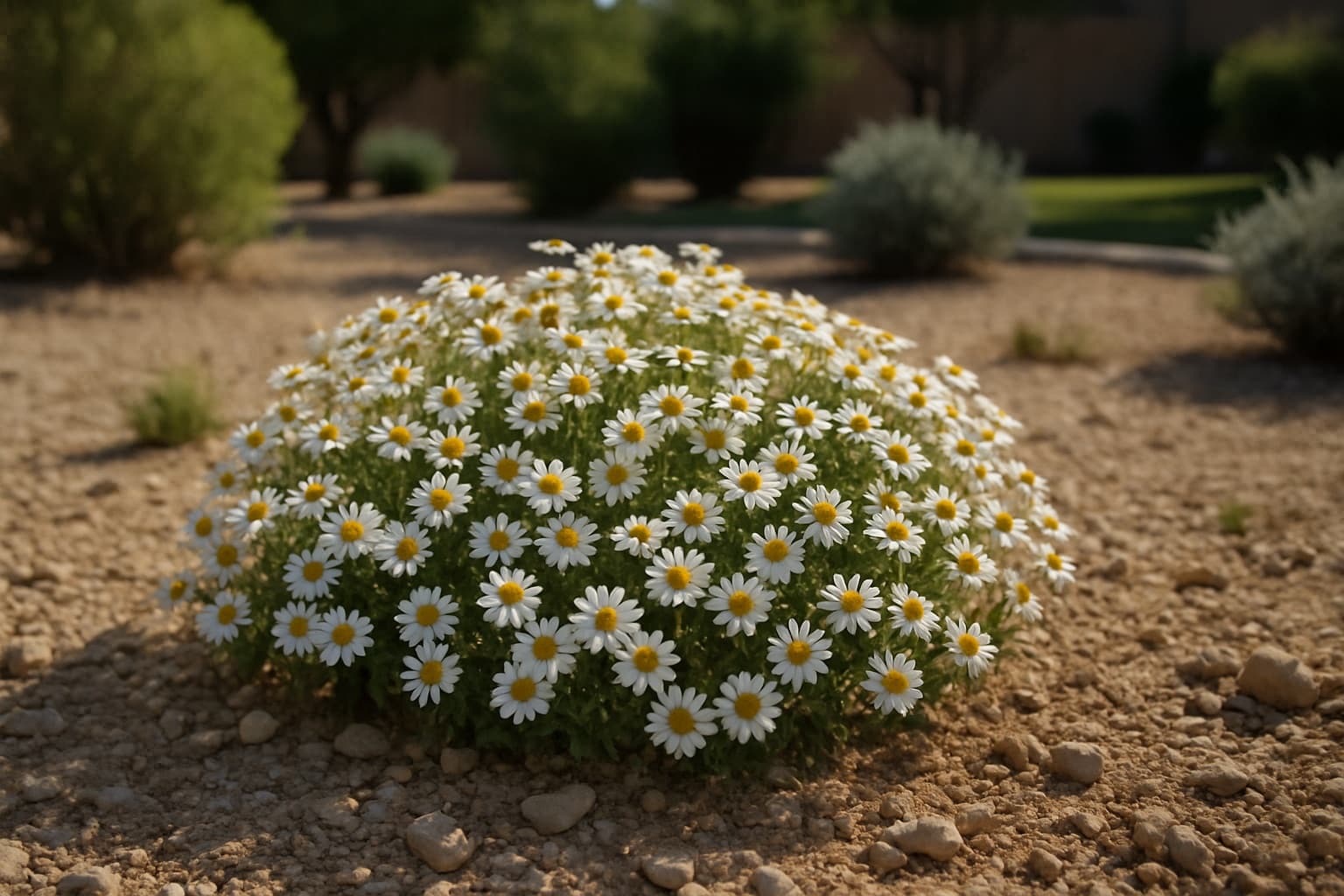 Low mounding blackfoot daisy covered in small white daisy flowers with yellow centers in a West Texas xeriscape bed