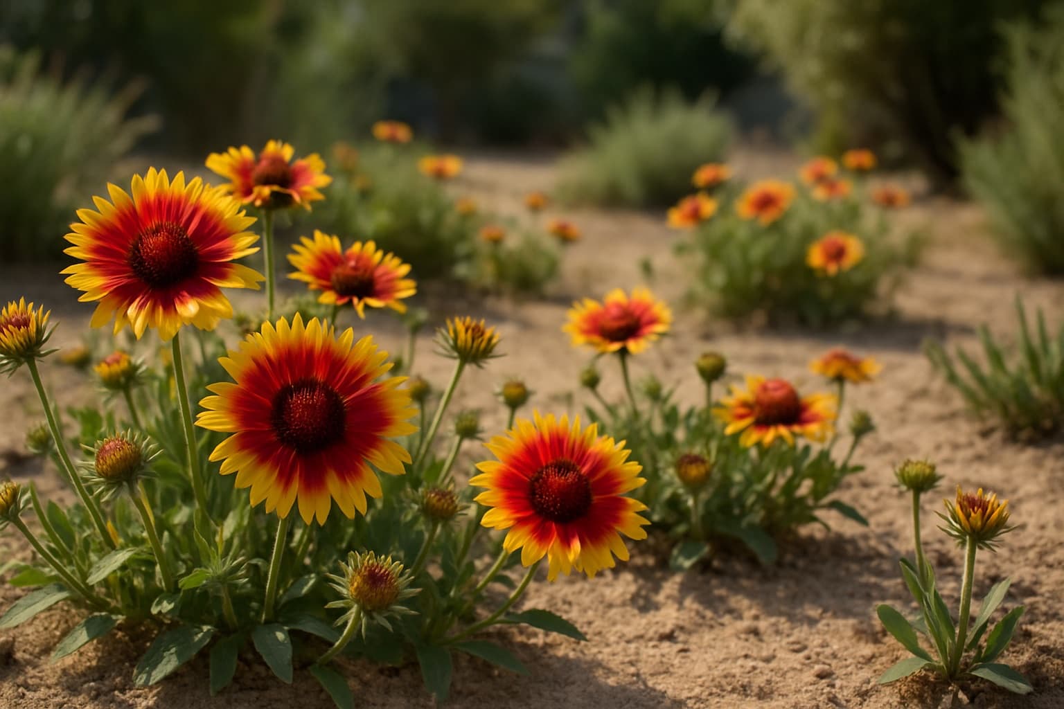 Red and yellow blanket flower daisies blooming in a hot sunny low-water garden bed with sandy soil