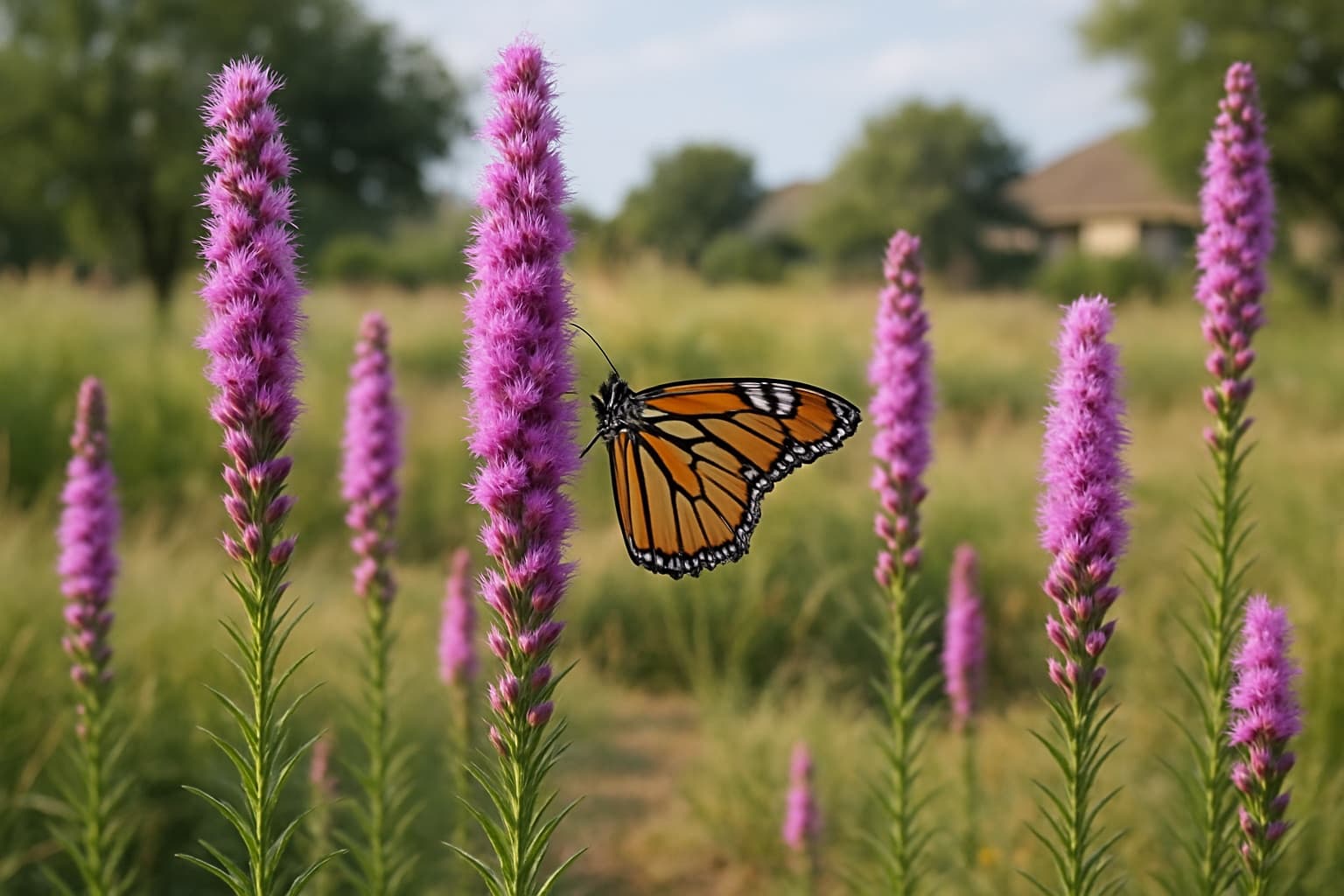 Tall purple blazing star flower spikes in a Texas prairie garden with a monarch butterfly feeding