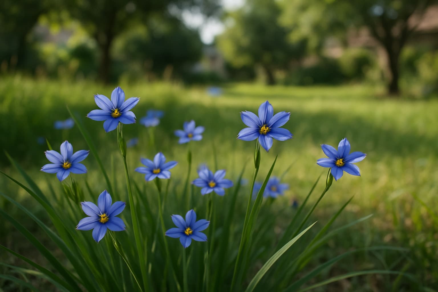 Small blue-violet six-petaled blue-eyed grass flowers on narrow grass-like leaves in a Texas meadow garden