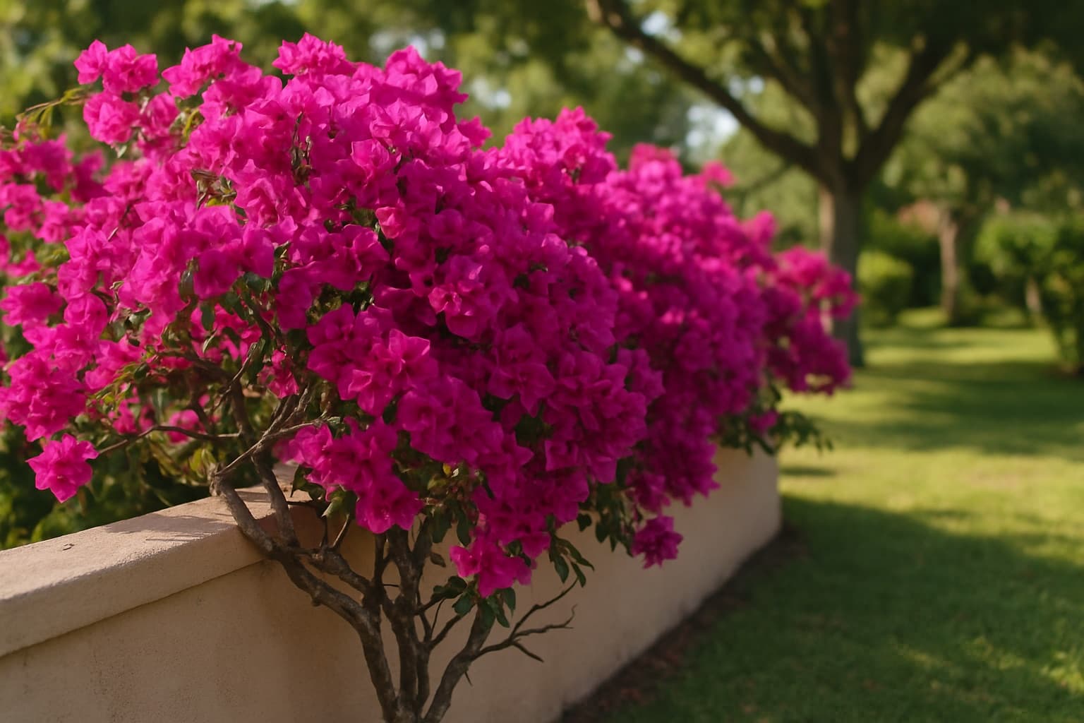 A cascade of magenta bougainvillea flowers over a wall with visible woody thorny stems in south Florida